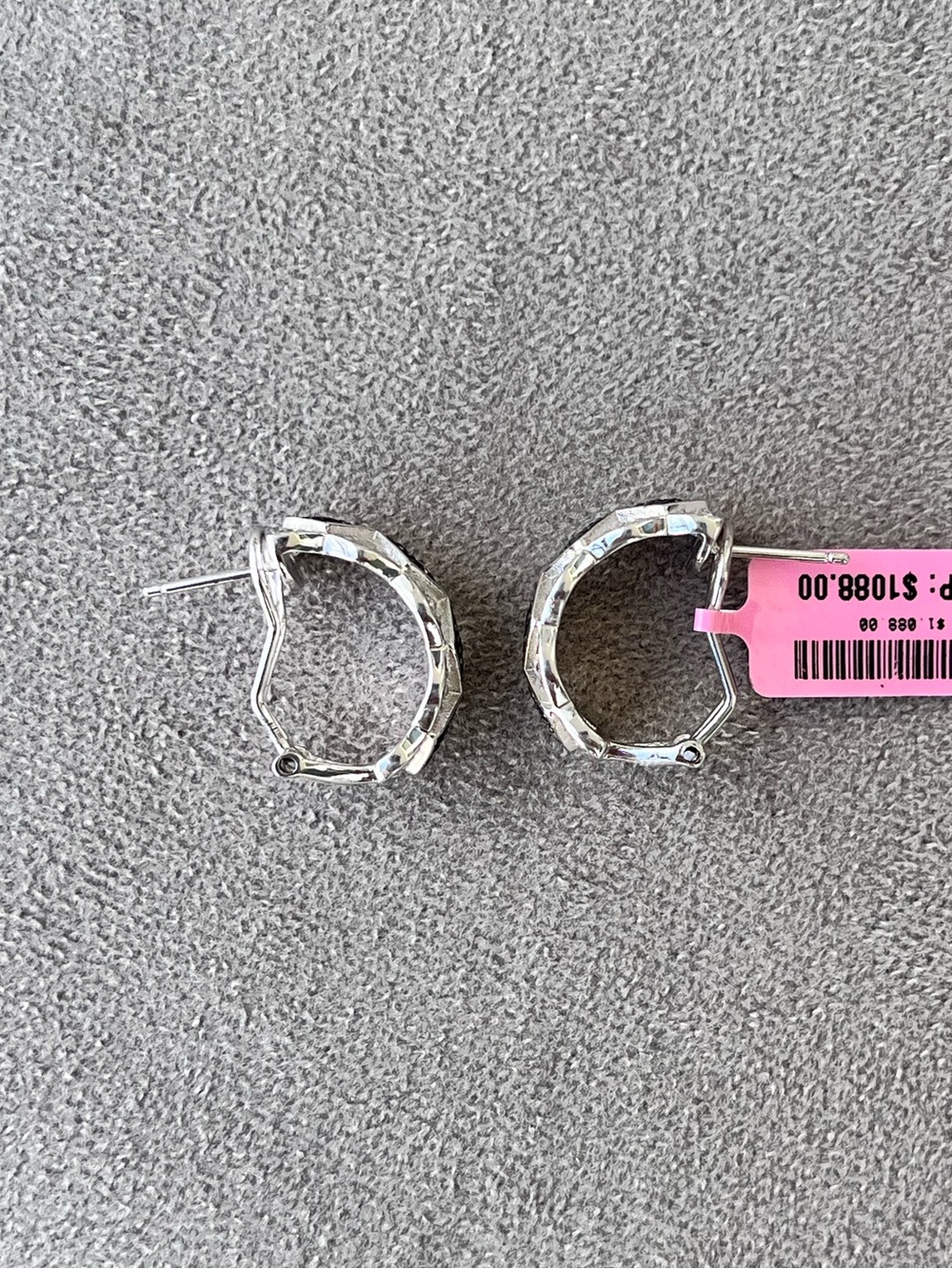 Sterling Silver Black and White Natural Diamond Pavé Half Hoop Earrings - Picture 3 of 8
